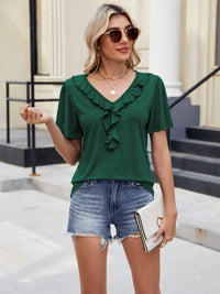 Ruffle Trim V-Neck Casual T-Shirt