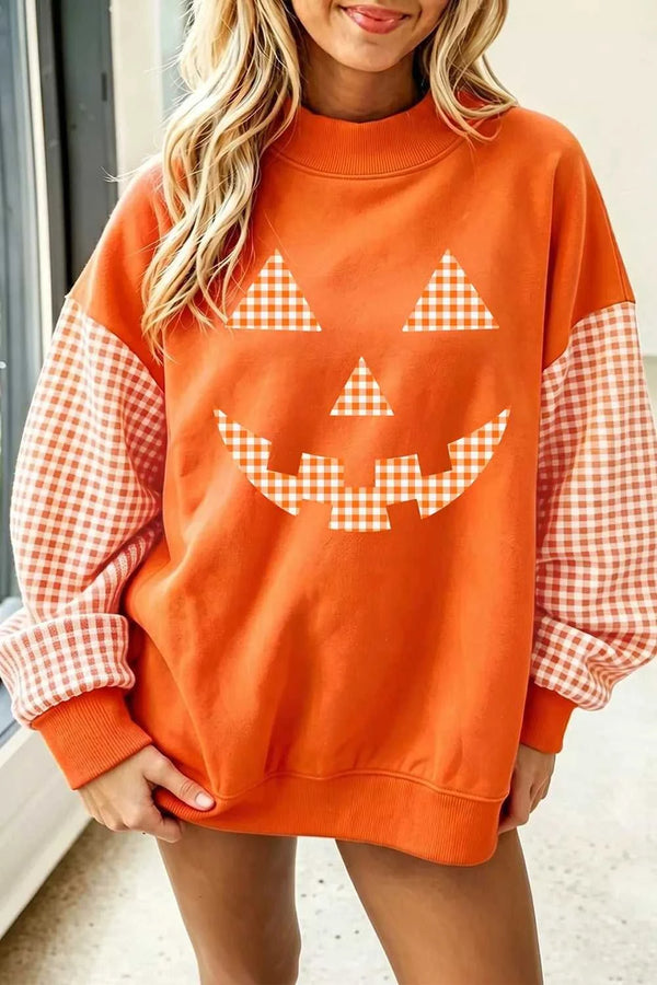 Plaid Sleeve Halloween Pumpkin Face Graphic Sweatshirt 101001791535156 47 Affordable Fashion Under $100 Jerry's Apparel 