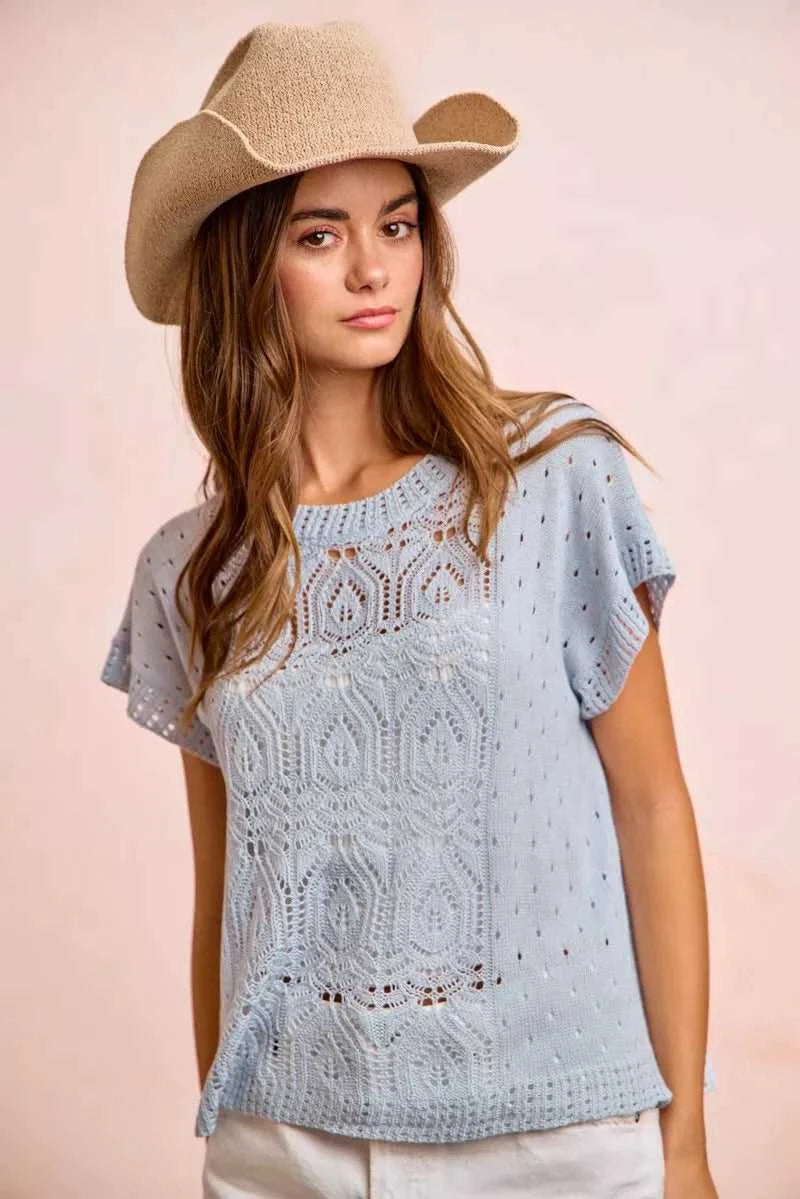 BiBi Washed Eyelet Short Sleeve Breathable Knit Top 100100212911752 43 Affordable Fashion Under $100 Jerry's Apparel 
