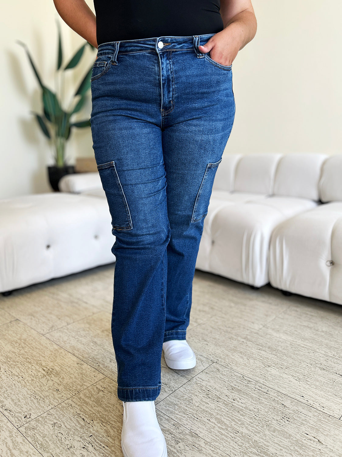 Full Size High Waist Straight Cargo Jeans