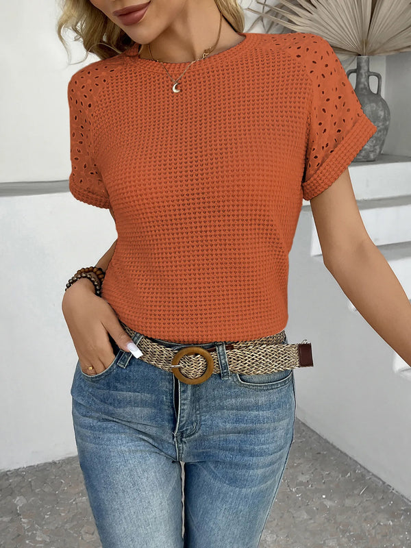 Hollow Out Waffle Knit Short Sleeve T-Shirt