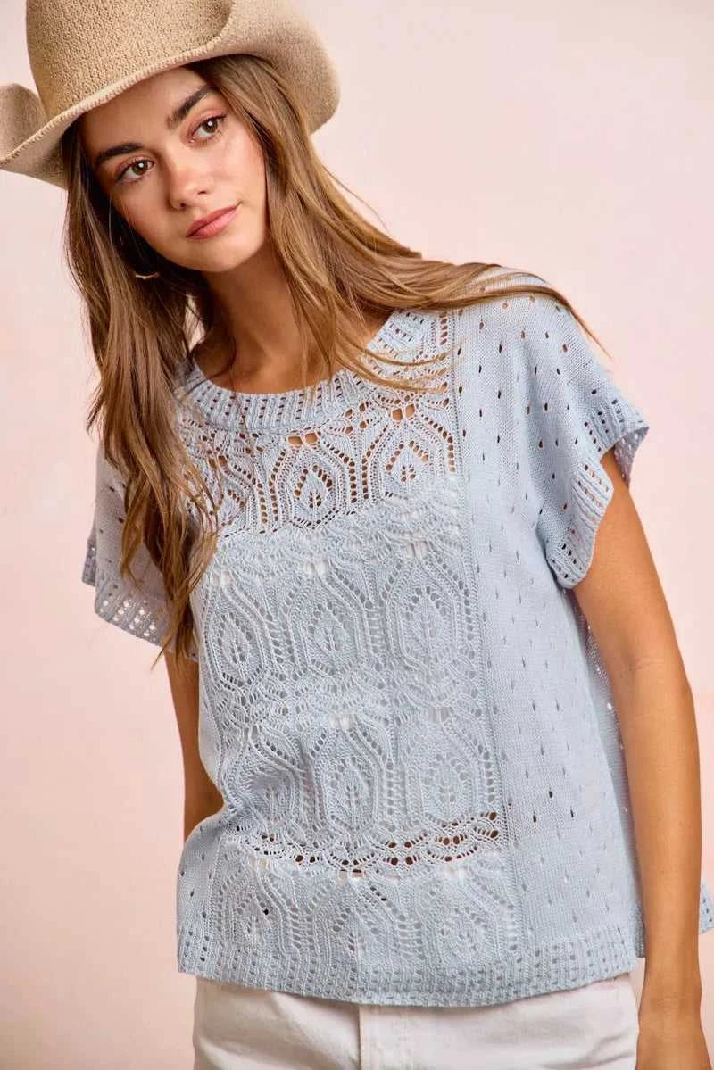 BiBi Washed Eyelet Short Sleeve Breathable Knit Top 100100212911752 43 Affordable Fashion Under $100 Jerry's Apparel 