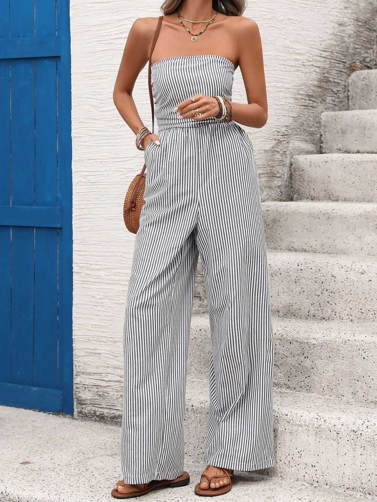 Striped Strapless Wide Leg Jumpsuit 100100424719142 40 Affordable Fashion Under $100 Jerry's Apparel 