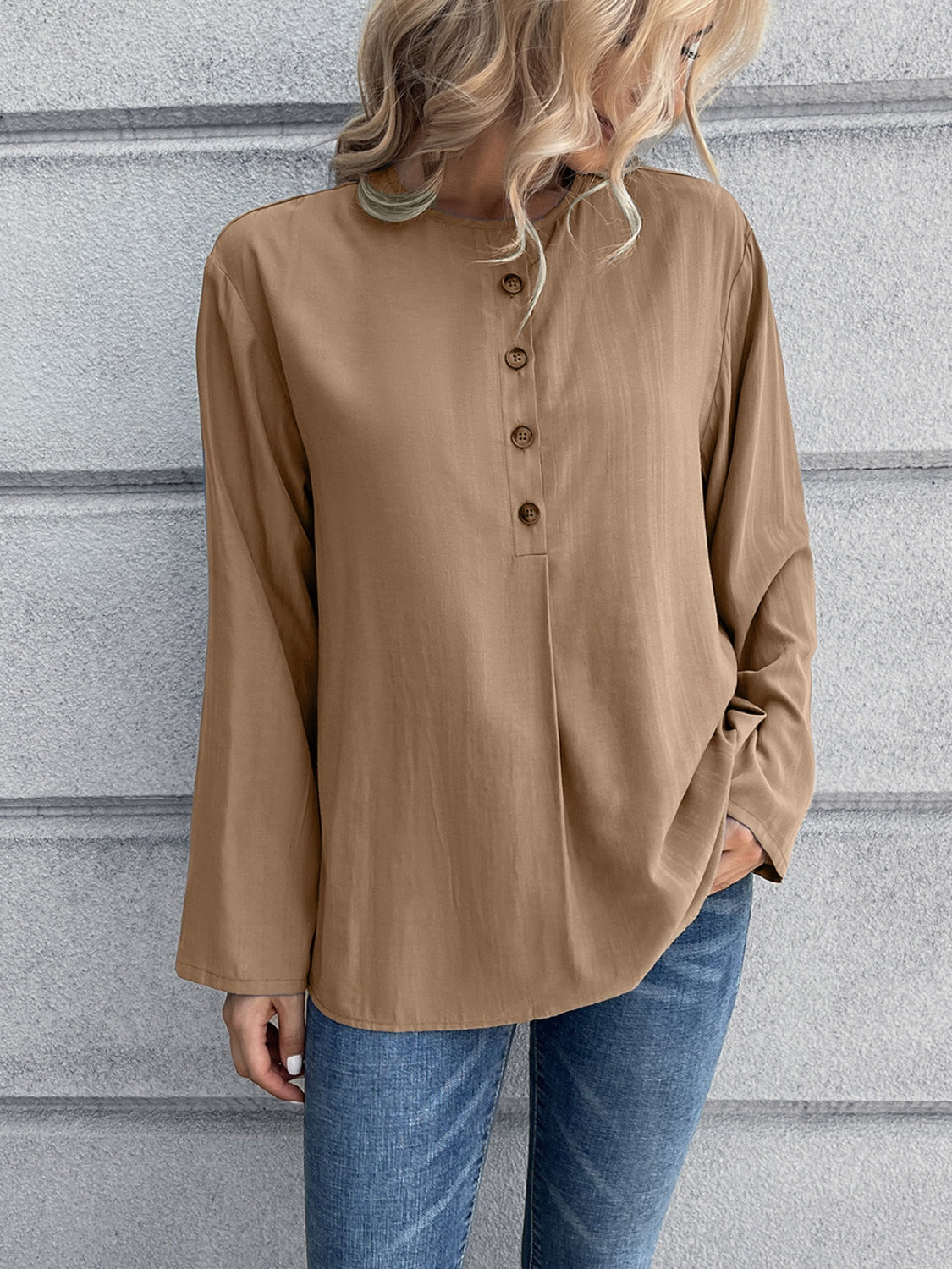 Ivy Lane Half Button Long Sleeve Blouse