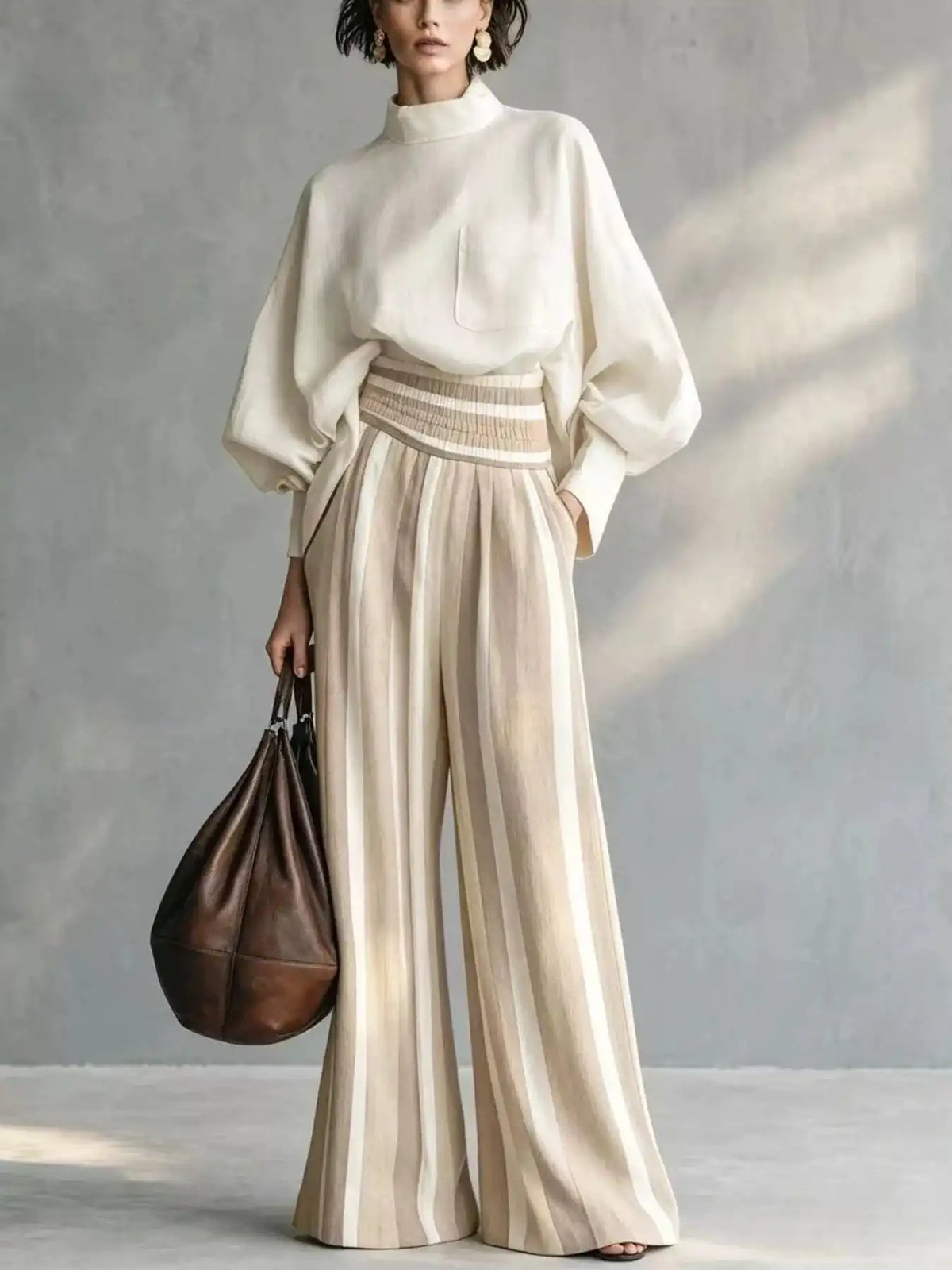 Full Size Mock Neck Top and Striped Wide-Leg Pants Set Plus Size 101001535665890 65 Gifts for Her Jerry's Apparel 