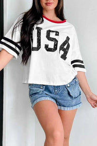 USA Letter Printed Varsity Striped Sleeve Round Neck Tee 100100104949167 30 Affordable Fashion Under $100 Jerry's Apparel 