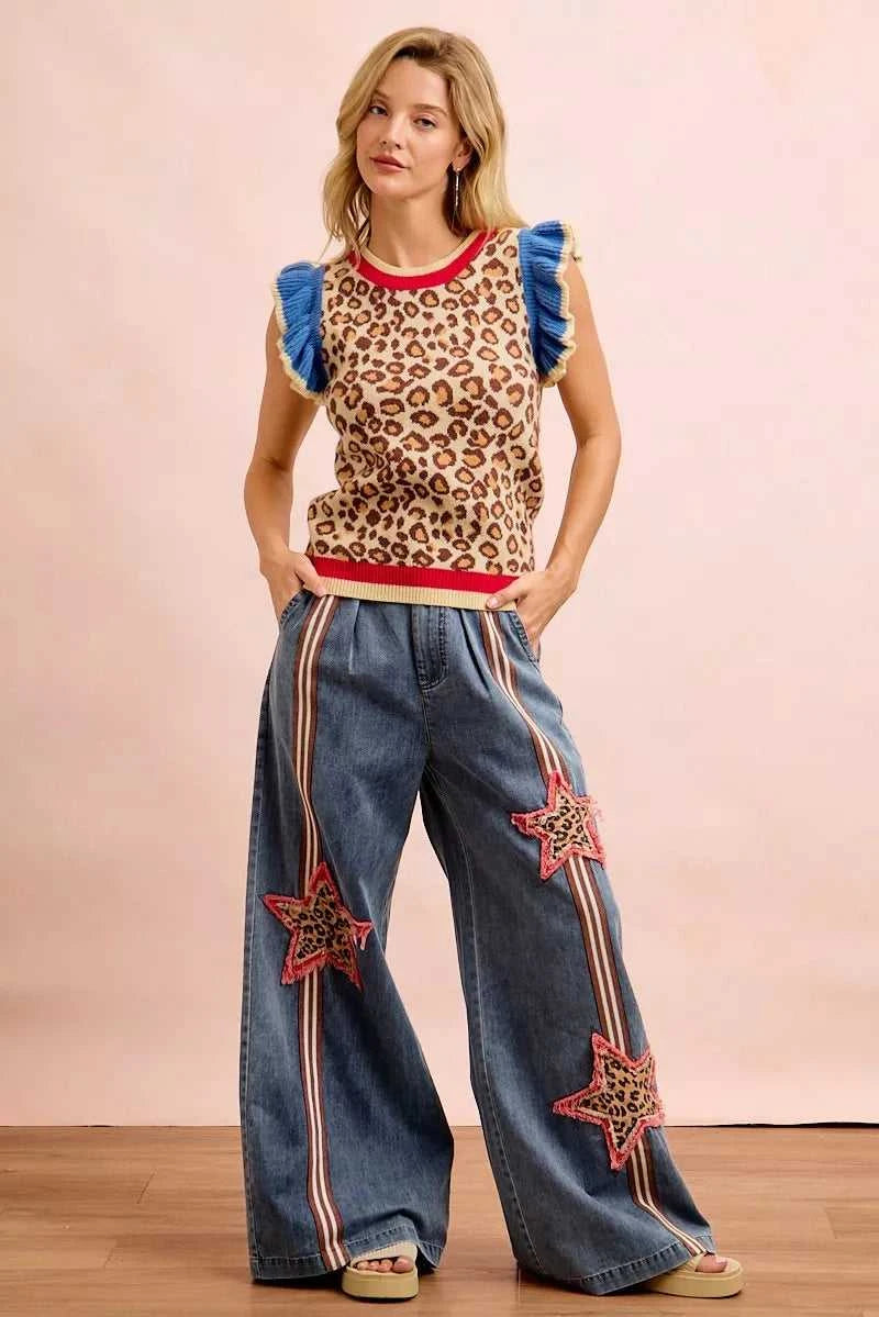BiBi 4th Of July Leopard Ruffled Detail Knit Top 100100300891355 43 Affordable Fashion Under $100 Jerry's Apparel 