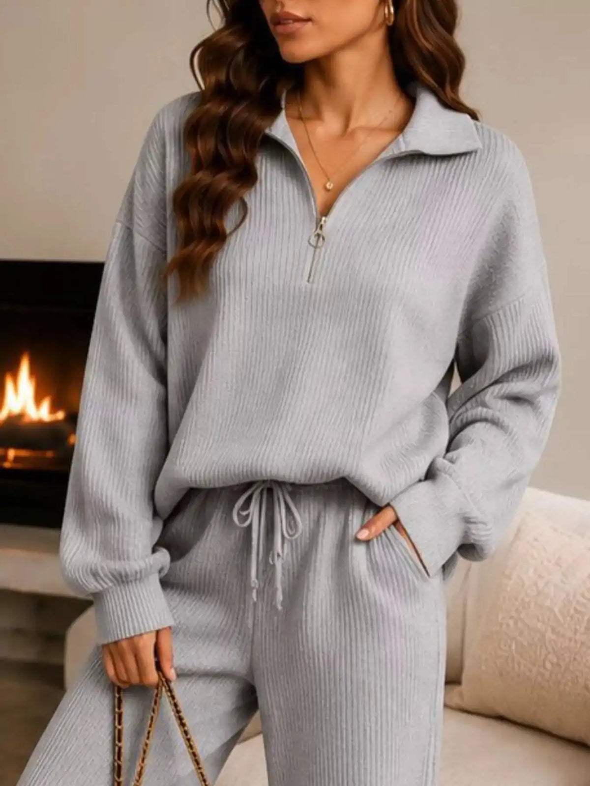 Cozy Ribbed Knit Quarter-Zip Top and Wide-Leg Set 101001505411513 59 Affordable Fashion Under $100 Jerry's Apparel 