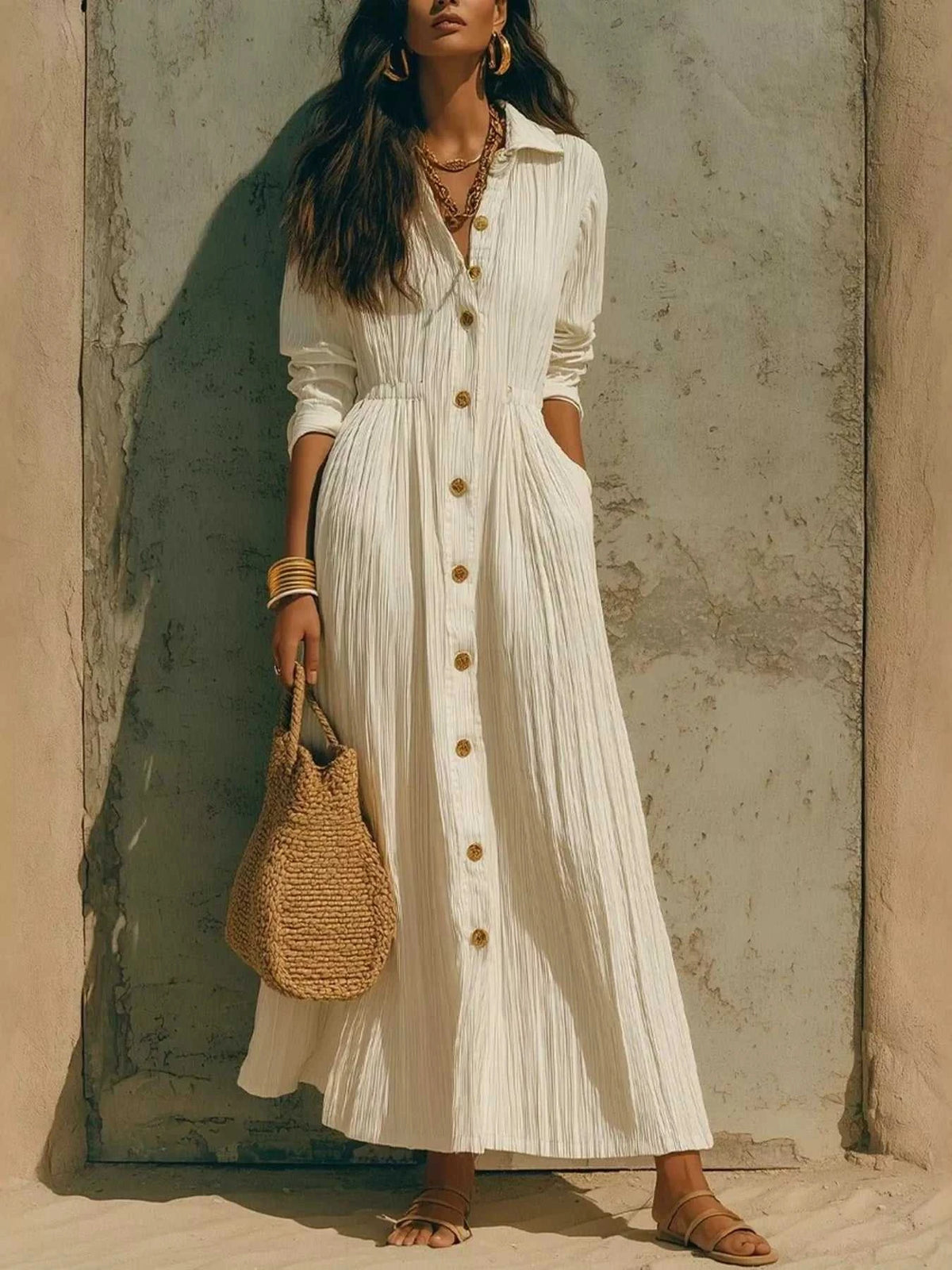 Full Size Textured Button Front Long Sleeve Maxi Dress Plus Size 100100300066352 41 Affordable Fashion Under $100 Jerry's Apparel 
