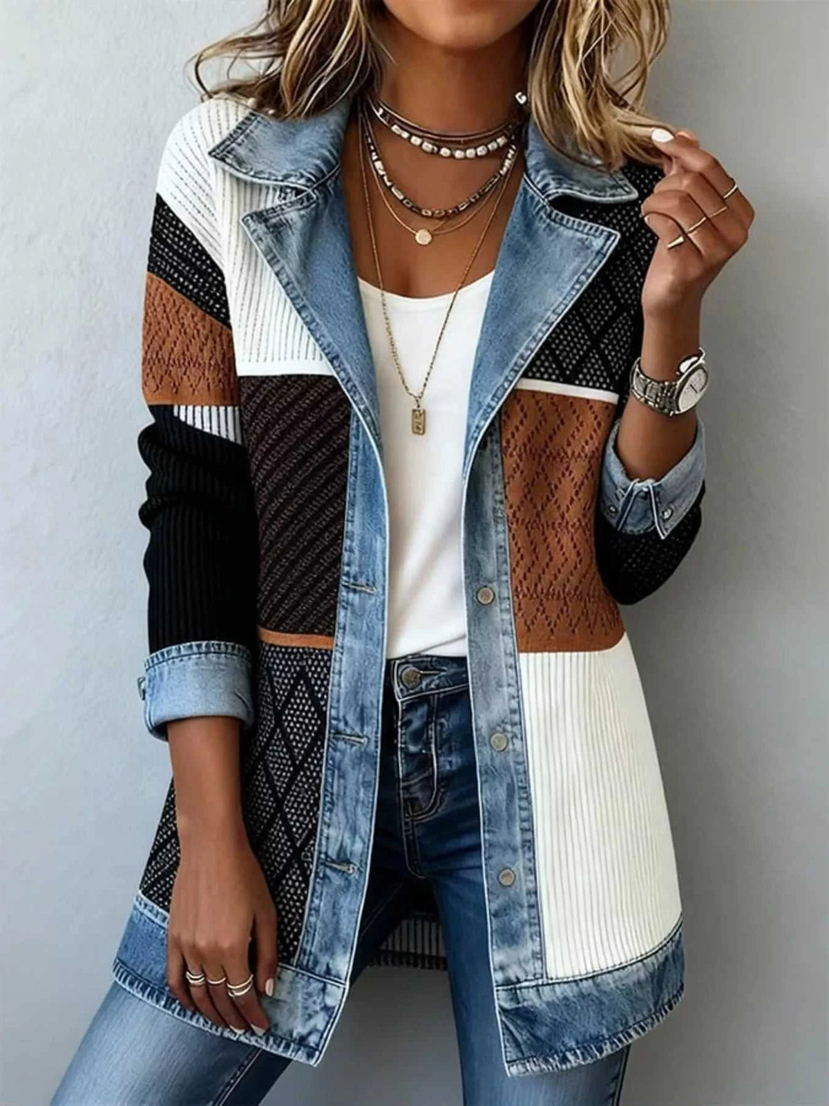 Full Size Denim Trim Ribbed Knit Jacket Plus Size 101001578991997 43 Affordable Fashion Under $100 Jerry's Apparel 