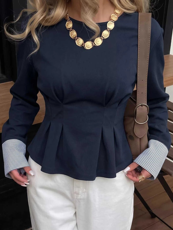 Round Neck Peplum Top with Striped Cuffs 100100734963918 45 Affordable Fashion Under $100 Jerry's Apparel 