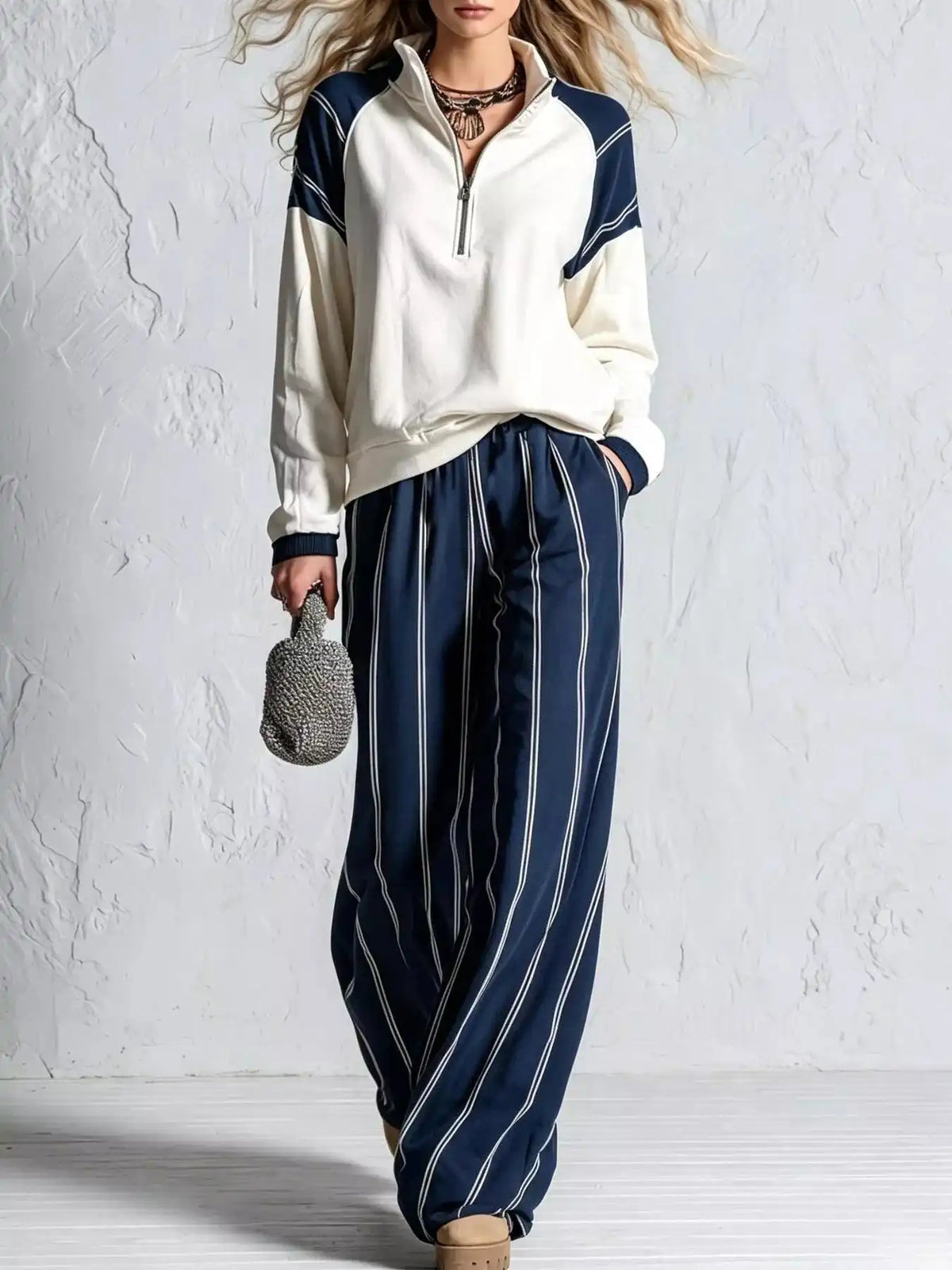 Quarter-Zip Sweatshirt and Striped Wide-Leg Pants Set 101001770702210 73 Affordable Fashion Under $100 Jerry's Apparel 