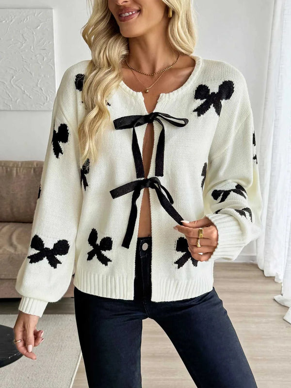 Bow Print Tie-Front Cardigan 100100884322389 60 Women's Sweaters and Knitwear Jerry's Apparel 