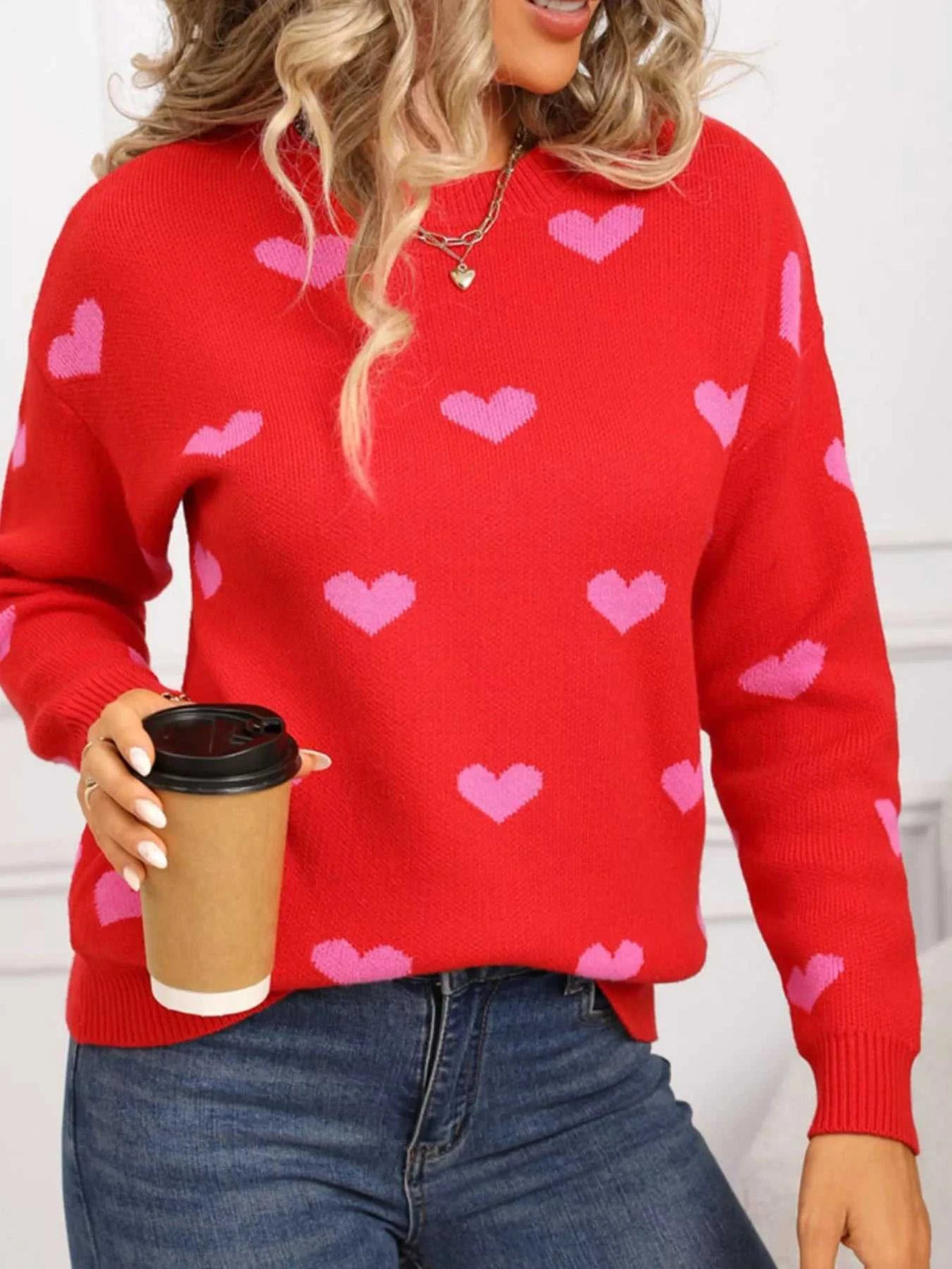 Valentine's Day Heart Pattern Dropped Shoulder Sweater 100100193932322 48 Affordable Fashion Under $100 Jerry's Apparel 
