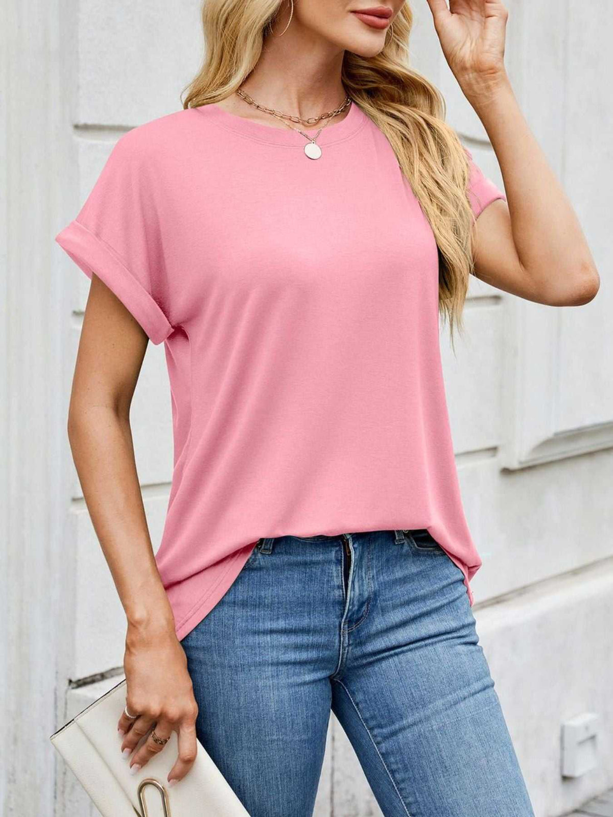 Casual Rolled Sleeve Solid Color T-Shirt 100100517201662 22 Affordable Fashion Under $100 Jerry's Apparel 