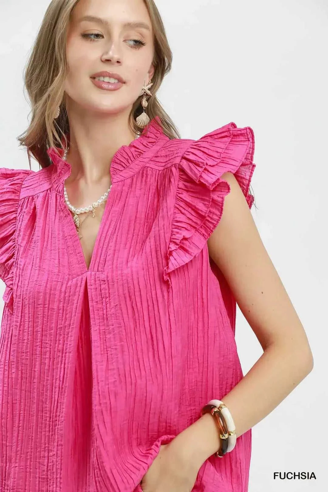 Umgee Textured Ruffle Sleeve Split V Neck Top 100100701051580 51 Affordable Fashion Under $100 Jerry's Apparel 