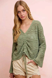 BiBi Pointelle Knit V Neck Ruched Front Lightweight Top 100100962711230 42 Affordable Fashion Under $100 Jerry's Apparel 