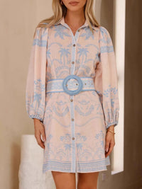Printed Button Down Shirt Dress with Belt