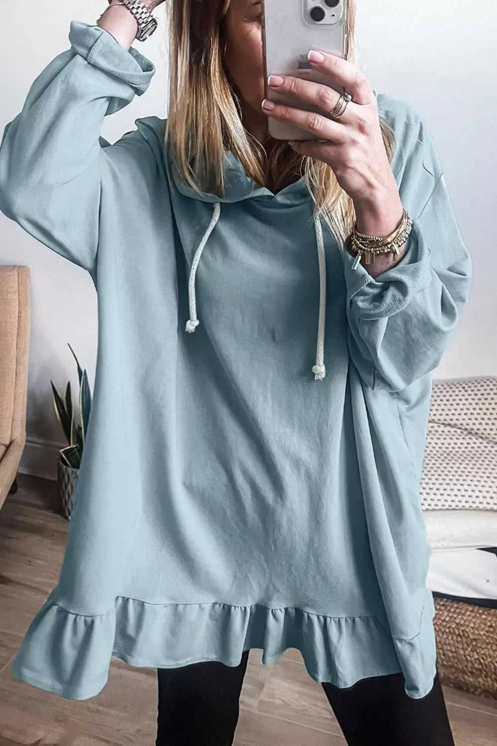 Solid Ruffled Hem Loose Fit Tunic Hoodie 100100230723975 36 Affordable Fashion Under $100 Jerry's Apparel 