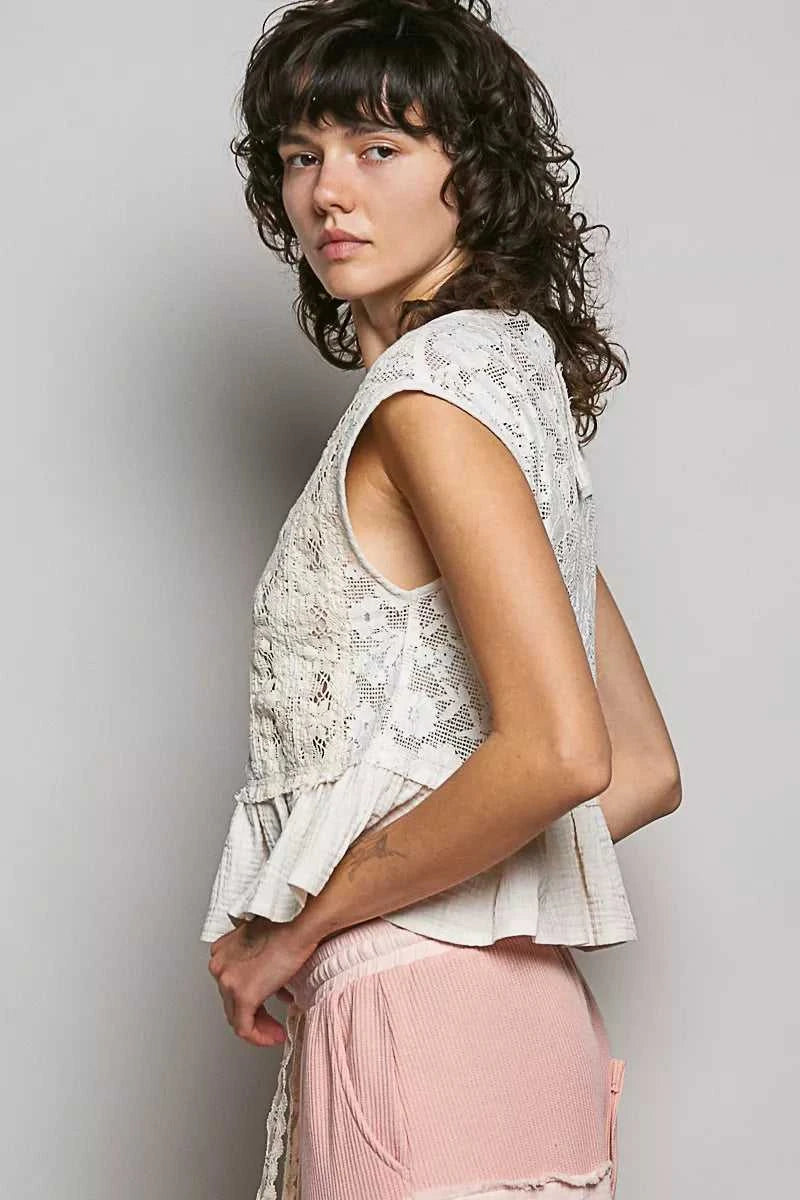 POL Round Neck Lace Sleeveless Top with Double Gauze Ruffle 100100568511399 64 Affordable Fashion Under $100 Jerry's Apparel 