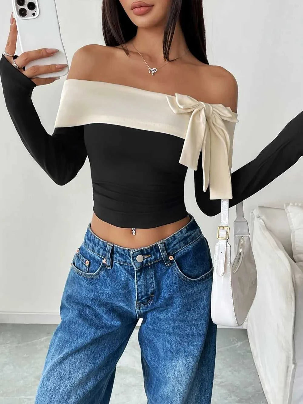 Perfee Bow Contrast Off-Shoulder Long Sleeve Top 100100486221672 31 Affordable Fashion Under $100 Jerry's Apparel 