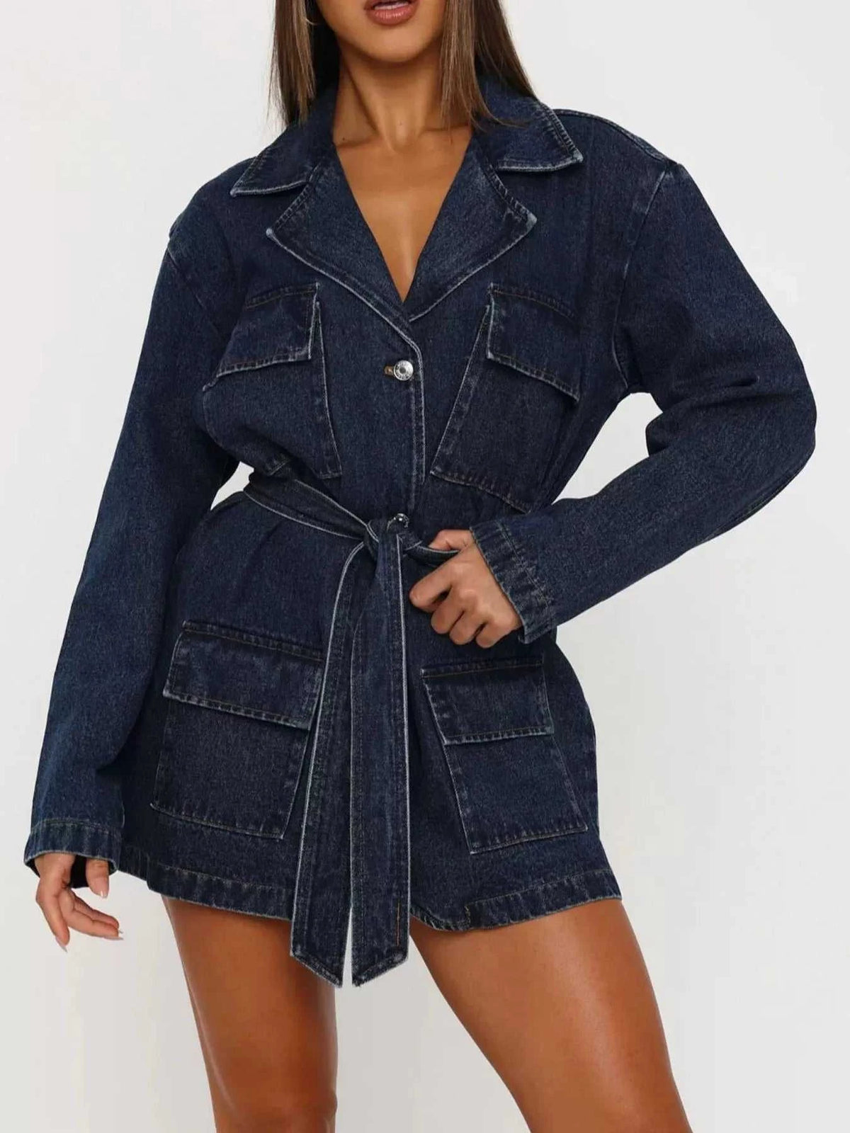 Long Sleeve Longline Denim Jacket with Belt 101003147500368 74 Affordable Fashion Under $100 Jerry's Apparel 