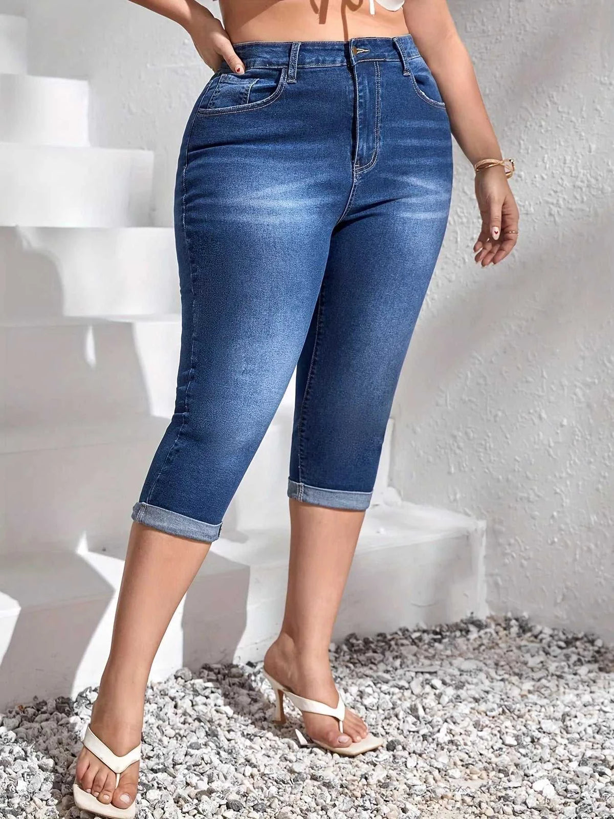 Plus Size Rolled Hem High Waist Denim Capri Jeans 100100261831882 41 Affordable Fashion Under $100 Jerry's Apparel 