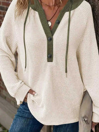 Waffle Knit Button Detail Drawstring Hoodie 100100982511723 41 Affordable Fashion Under $100 Jerry's Apparel 