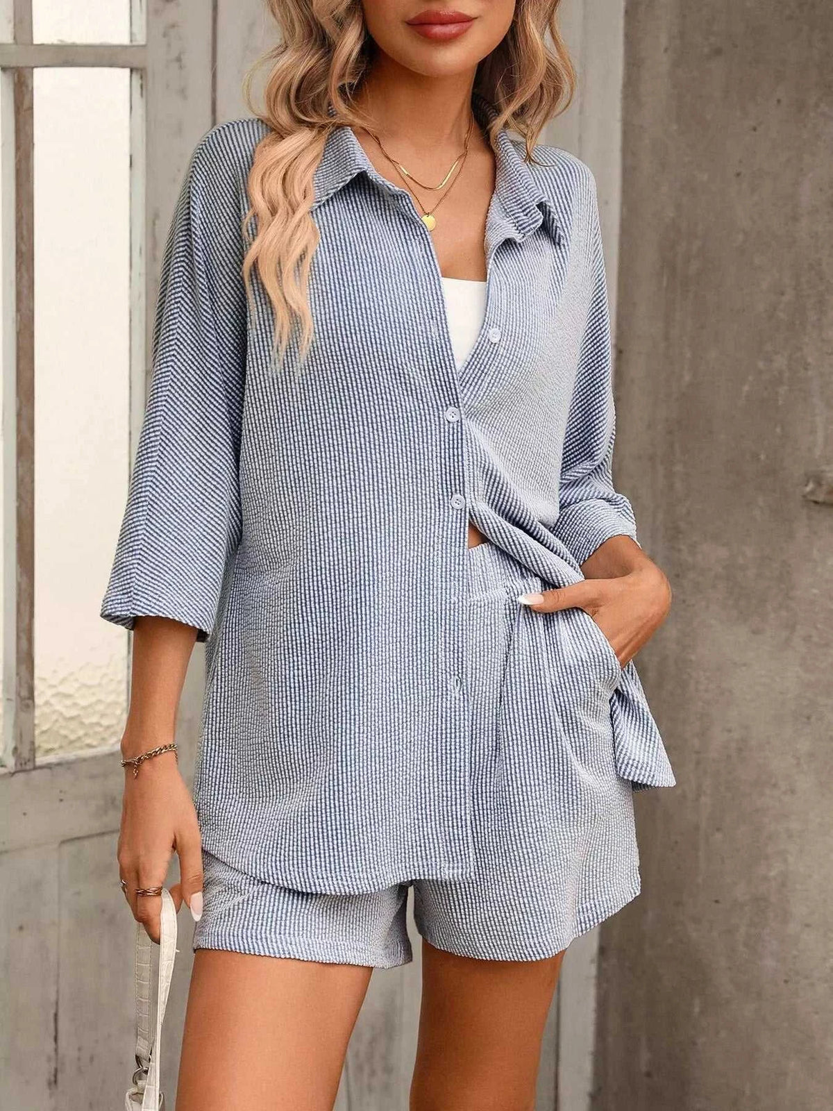 Textured Shirt and Shorts Set 100100159367823 54 Affordable Fashion Under $100 Jerry's Apparel 