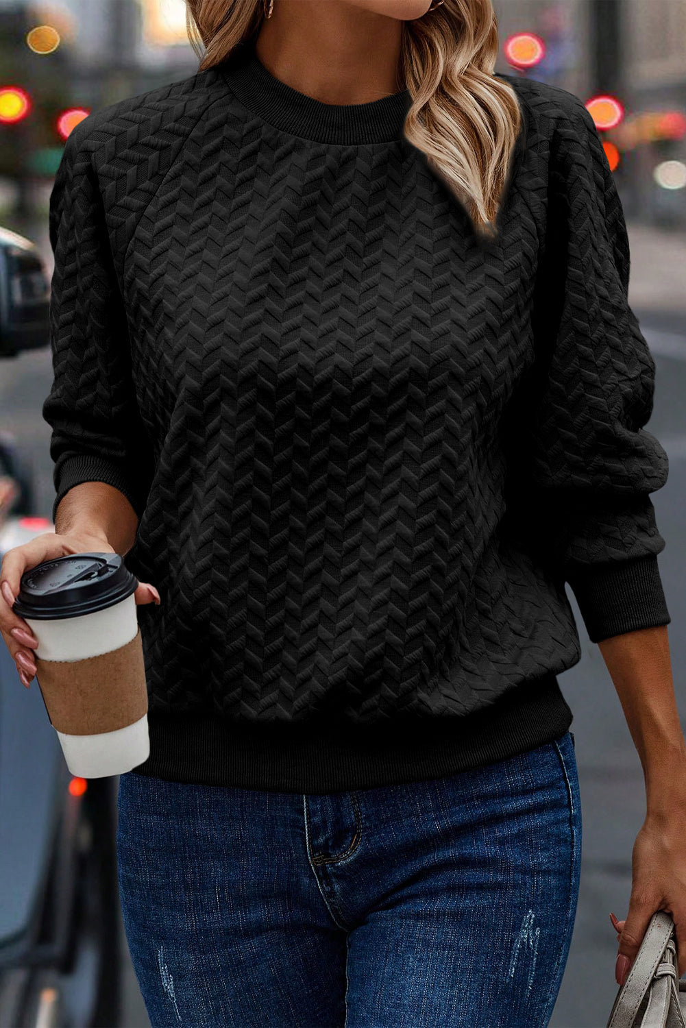 Round Neck Long Sleeve Texture Sweatshirt