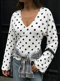 Polka Dot V-Neck Long Sleeve T-Shirt 100100468074592 29 Jerry's Apparel 