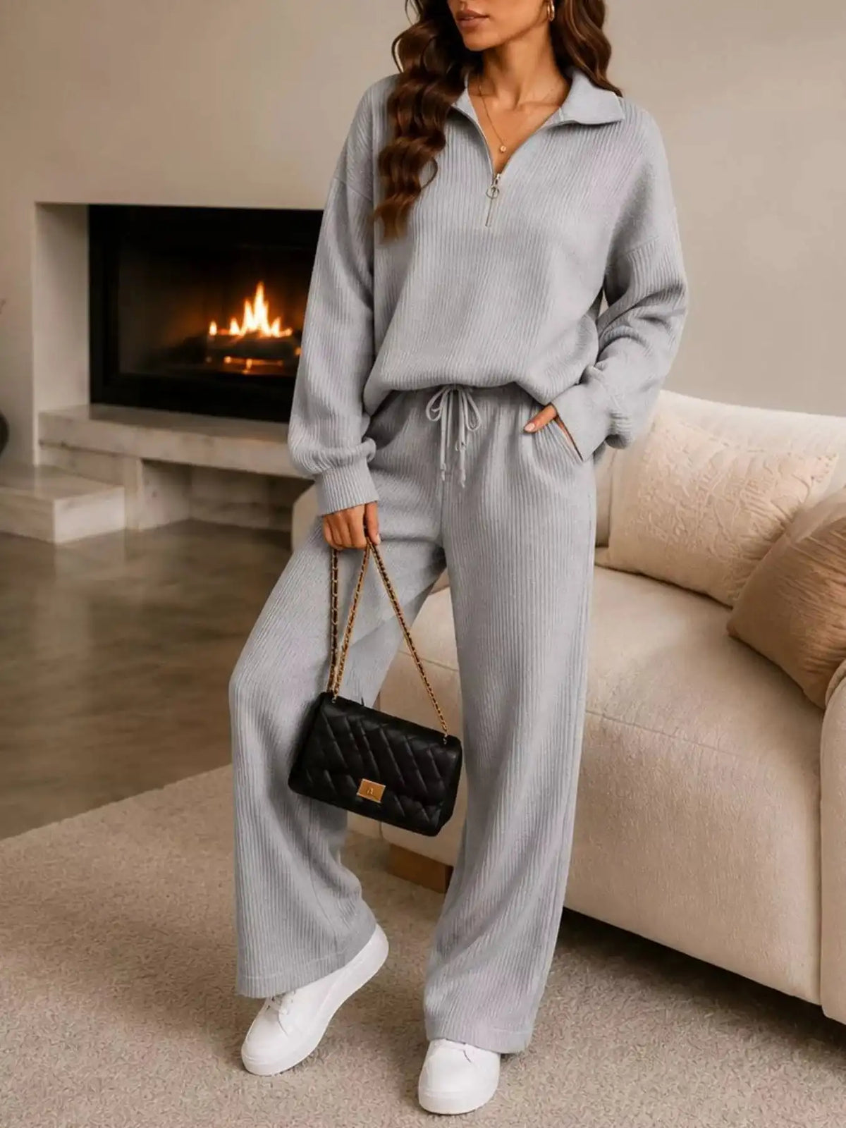 Cozy Ribbed Knit Quarter-Zip Top and Wide-Leg Set 101001505411513 59 Affordable Fashion Under $100 Jerry's Apparel 