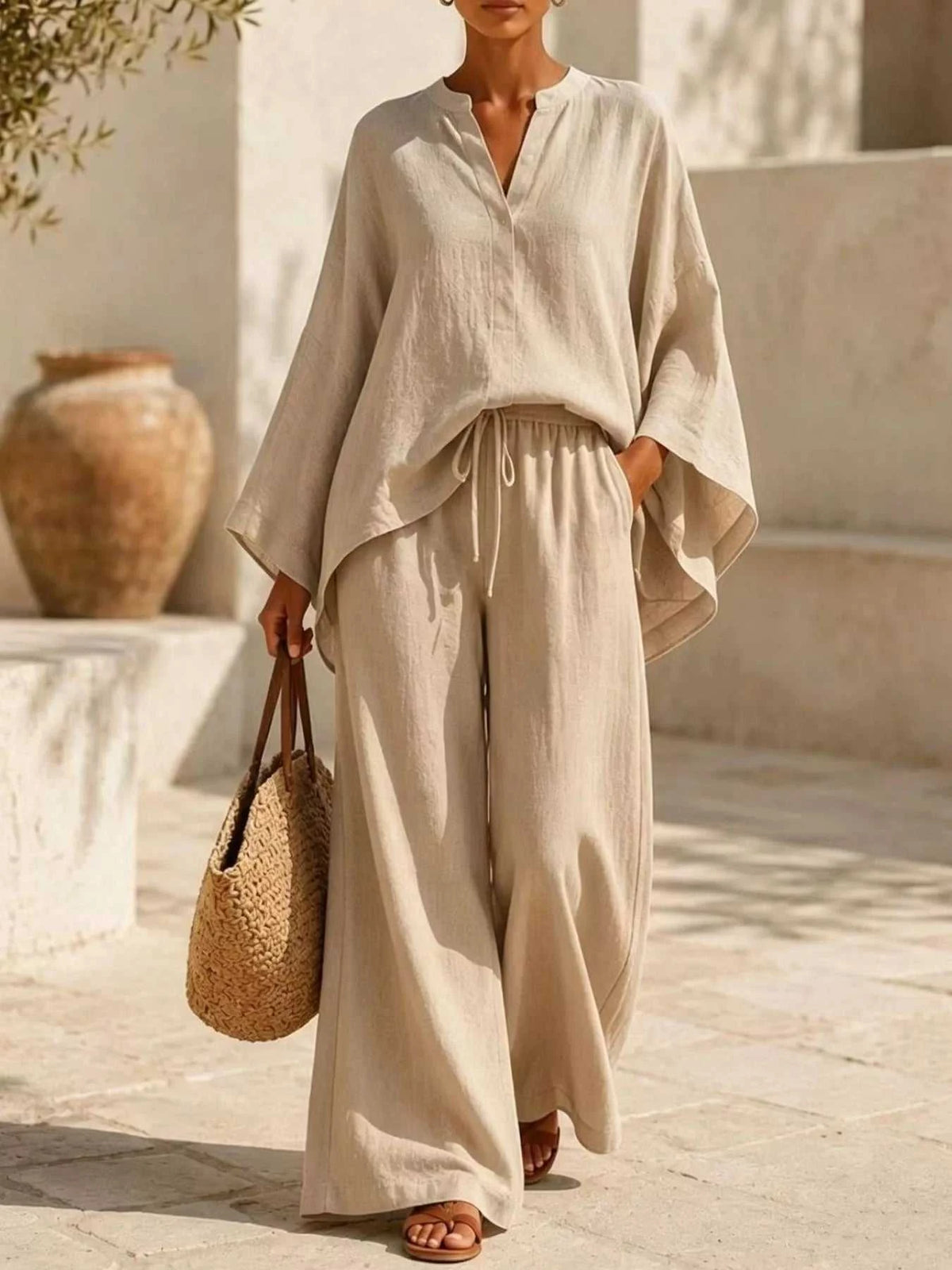 Full Size Notched Long Sleeve Top and Wide-Leg Pants Set Plus Size 100100051091822 45 Affordable Fashion Under $100 Jerry's Apparel 