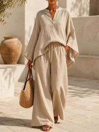 Full Size Notched Long Sleeve Top and Wide-Leg Pants Set Plus Size 100100051091822 45 Affordable Fashion Under $100 Jerry's Apparel 