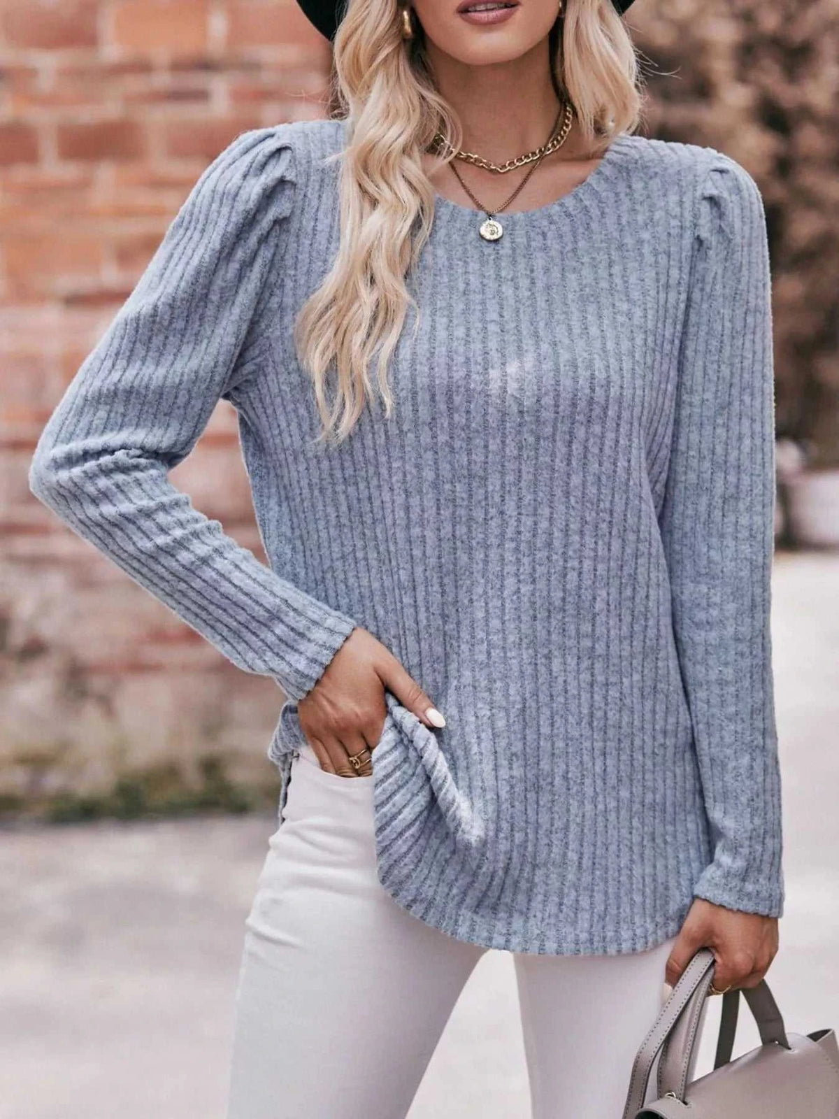 Ribbed Knit Puff Sleeve T-Shirt 100100962471478 28 Affordable Fashion Under $100 Jerry's Apparel 