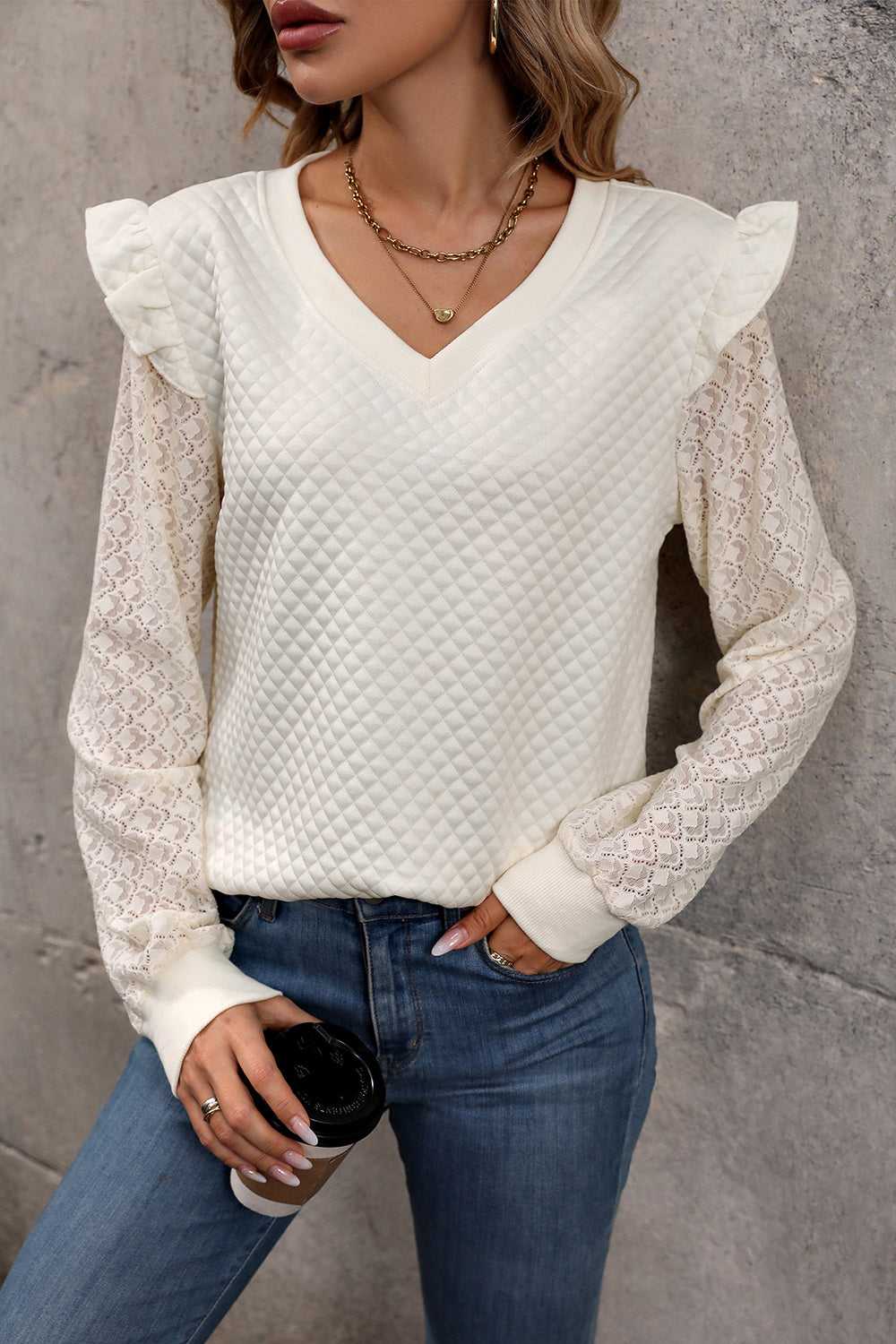 Perfee V-Neck Ruffle Trim Long Sleeve Sweatshirt 100101025525437 32 Affordable Fashion Under $100 Jerry's Apparel 