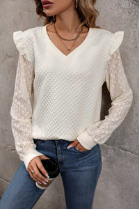 Perfee V-Neck Ruffle Trim Long Sleeve Sweatshirt 100101025525437 32 Affordable Fashion Under $100 Jerry's Apparel 