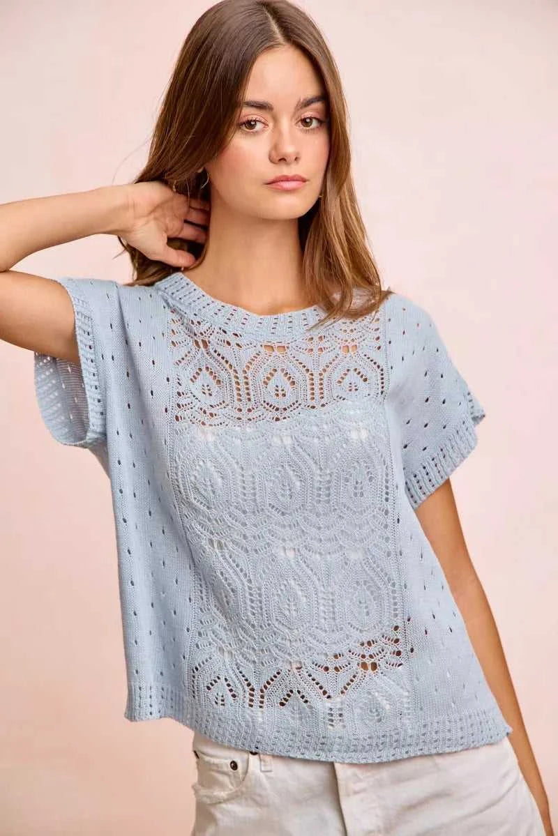 BiBi Washed Eyelet Short Sleeve Breathable Knit Top 100100212911752 43 Affordable Fashion Under $100 Jerry's Apparel 