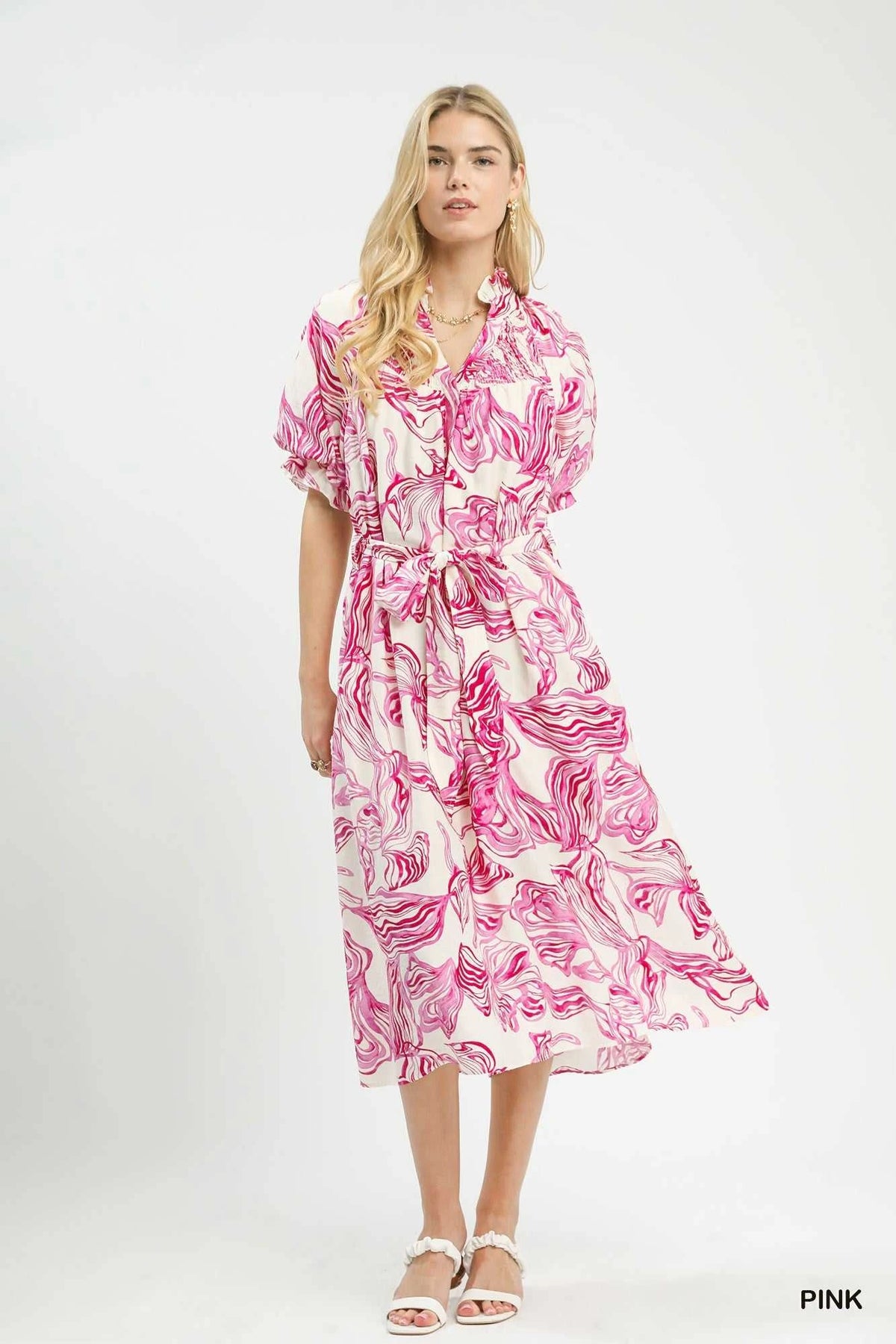 Umgee Abstract Print Smocked Tie Waist Midi Dress 100100415061314 61 Affordable Fashion Under $100 Jerry's Apparel 