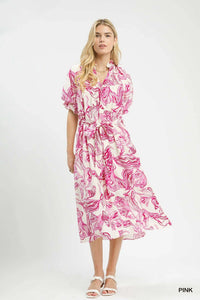 Umgee Abstract Print Smocked Tie Waist Midi Dress 100100415061314 61 Affordable Fashion Under $100 Jerry's Apparel 
