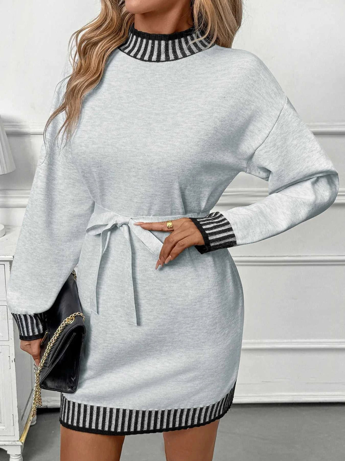 Striped Trim Tie Waist Sweater Dress 100100252941257 47 Affordable Fashion Under $100 Jerry's Apparel 