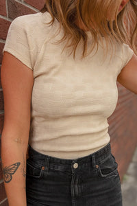 Textured Crew Neck Cap Sleeve Slim T Shirt