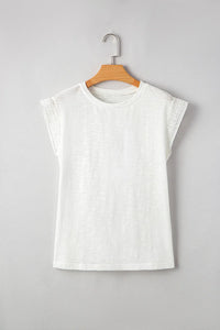 Lace Patchwork Cap Sleeve Round Neck T Shirt