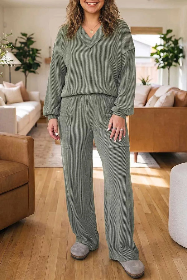 Plus Size Twisted Ribbed Exposed Seam Detail V Neck Top and Pants Set 101004453932387 74 Affordable Fashion Under $100 Jerry's Apparel 