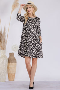 Full Size Leopard Three-Quarter Sleeve Dress with Pockets