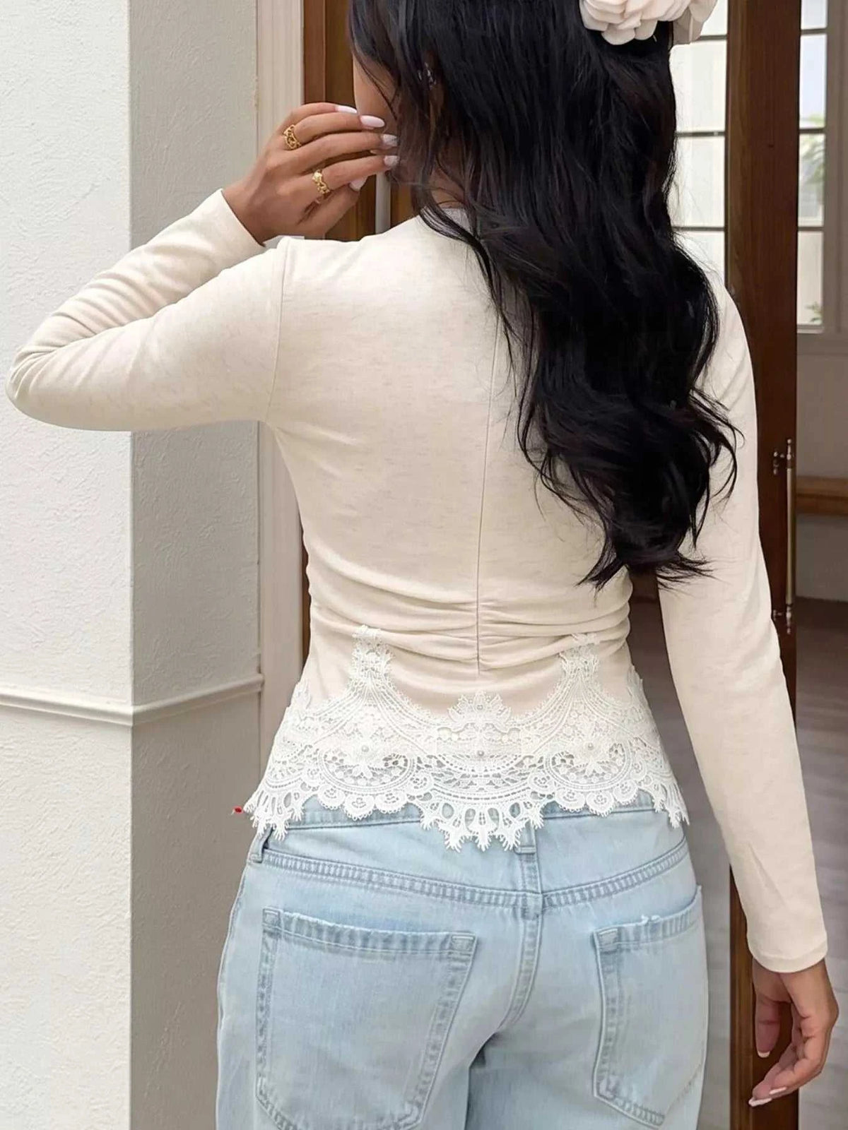 Lace Trim Long Sleeve T-Shirt 100100025623403 34 Affordable Fashion Under $100 Jerry's Apparel 