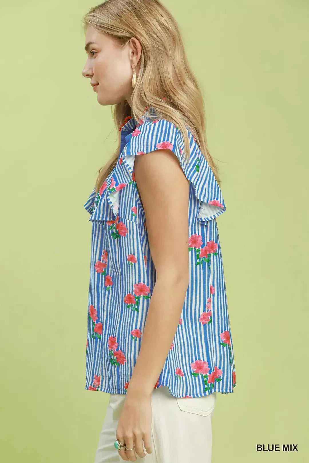 Umgee Striped Floral Ruffle Sleeve Top with Contrast Trim 100100655091894 51 Affordable Fashion Under $100 Jerry's Apparel 