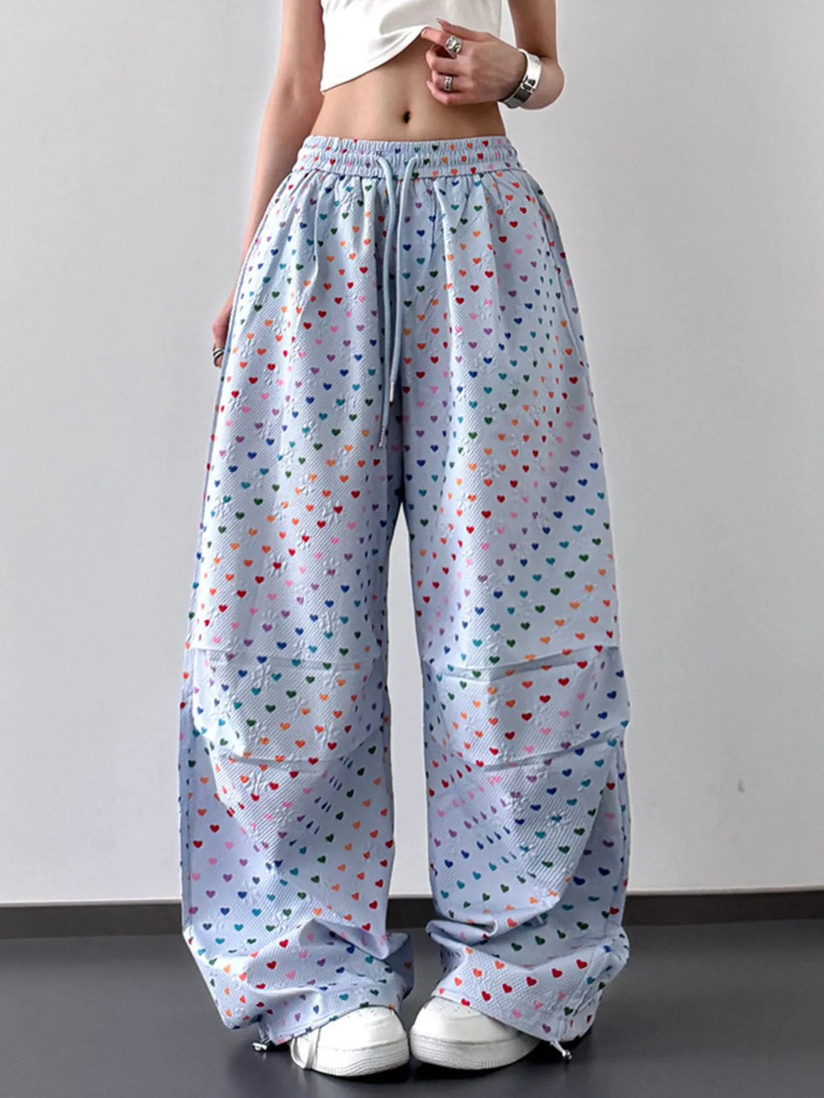 Heart Print Drawstring Wide Leg Pants