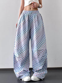 Heart Print Drawstring Wide Leg Pants