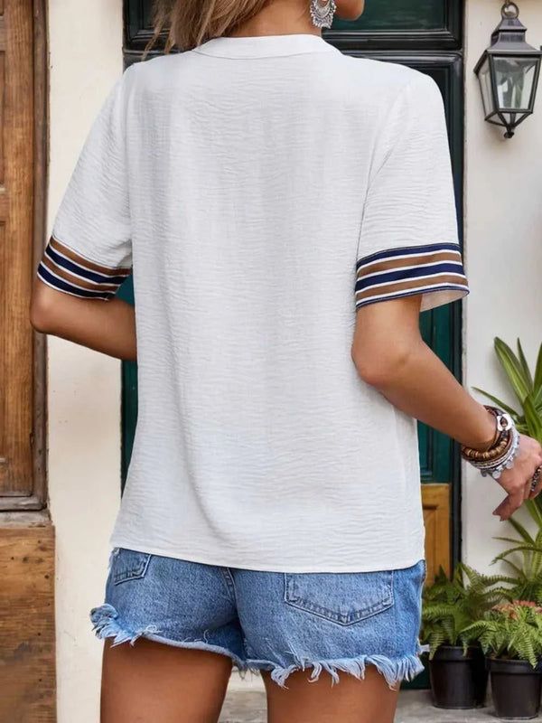Perfee Contrast Stripes Notched Short Sleeve Blouse 100100473791550 26 Affordable Fashion Under $100 Jerry's Apparel 